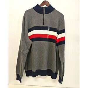 Tommy Hilfiger Mens Gray Striped Cotton Knit Mock Neck 1/4 Zip Sweater XL